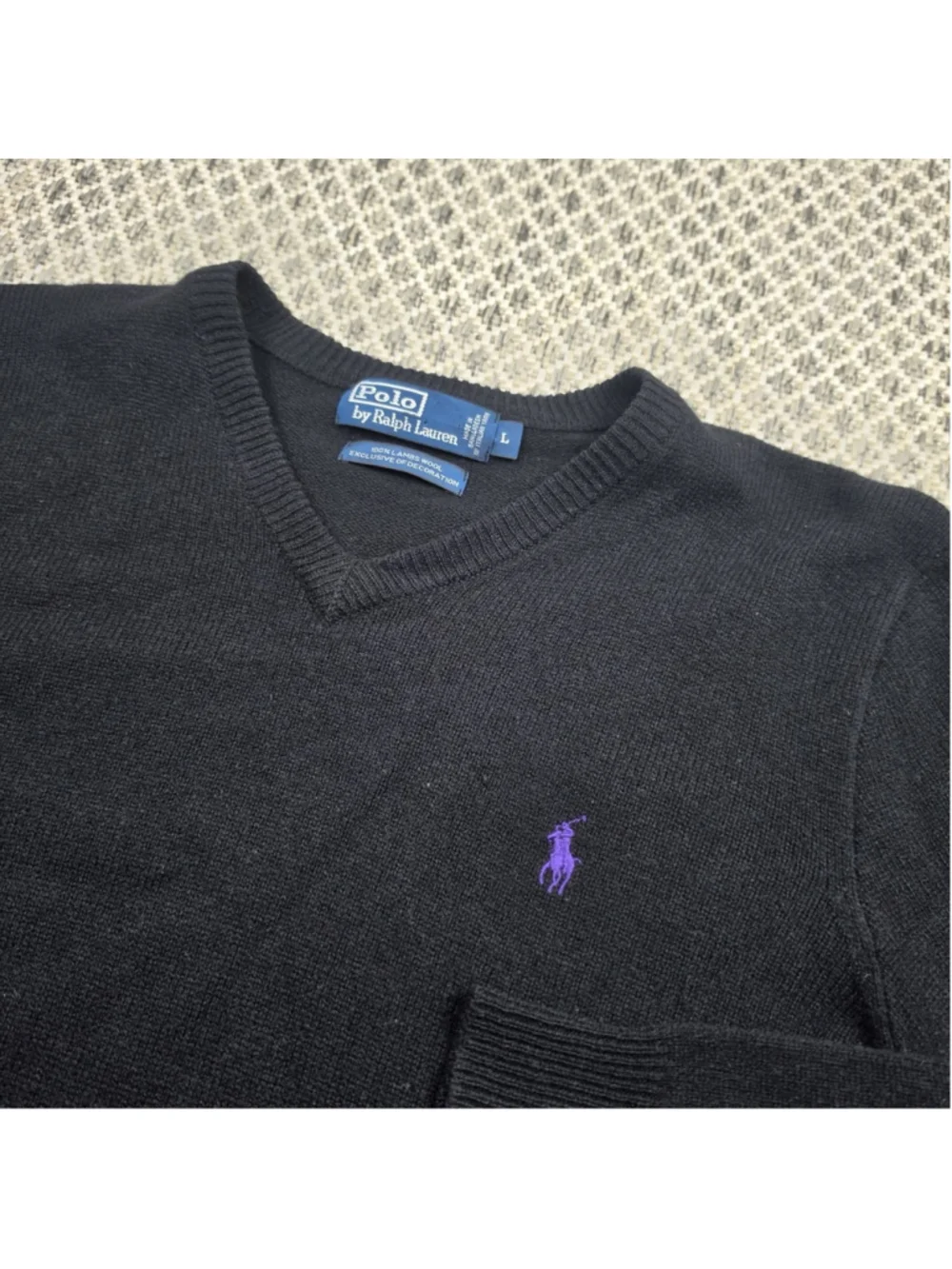 Polo Ralph Lauren Lambswool V Neck Sweater Mens Large Black Purple Pony